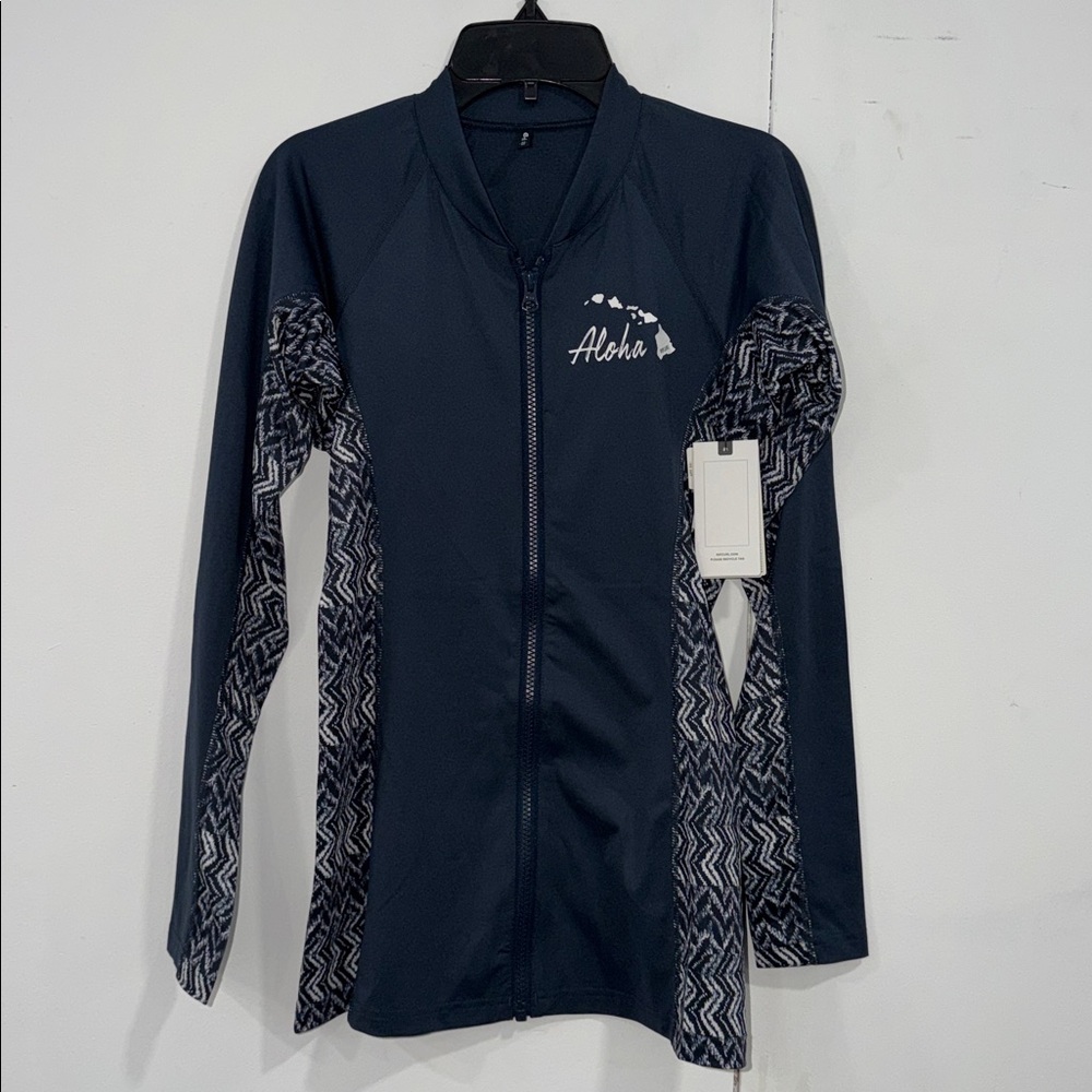 Rip Curl Women's Navy Aloha Zip-Up Swim Coverup with Patterned Side Panels